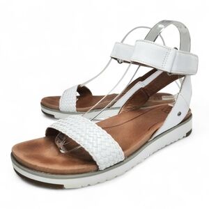 UGG Laddie White Braided Leather Open-Toe Adjustable Ankle Wrap Flat Sandals